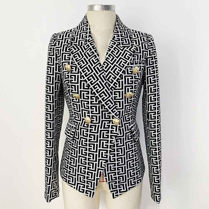Women's Golden Lion Buttons Maze Pattern Fitted Blazer Jacket