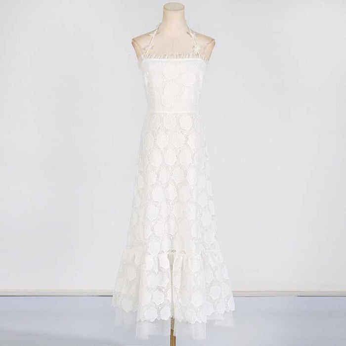 Womens Halterneck Midi Dress Lace Embroidered Floral Dress