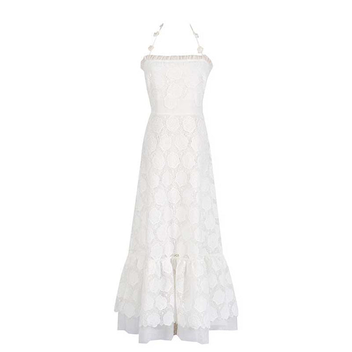 Womens Halterneck Midi Dress Lace Embroidered Floral Dress