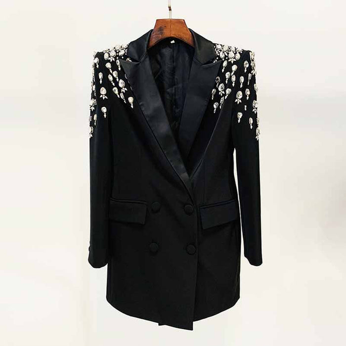 Women's Hand Made Nail beaded White / Black Mid Length Blazer Dress