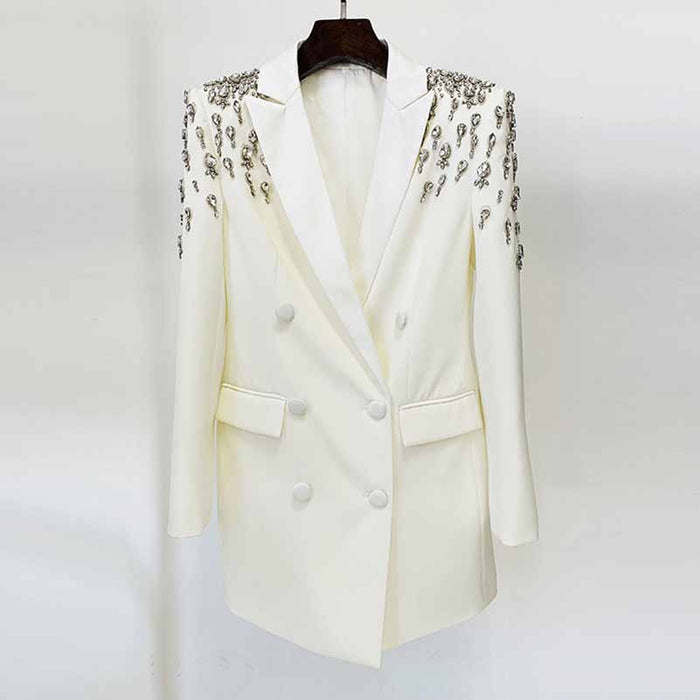 Women's Hand Made Nail beaded White / Black Mid Length Blazer Dress