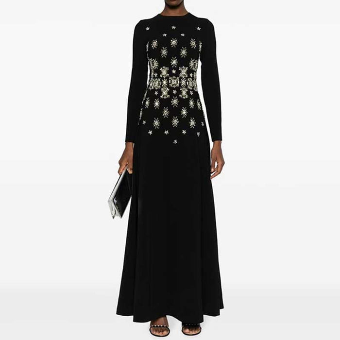 Womens High Collar Black Beaded Long Formal Dress Prom Gown