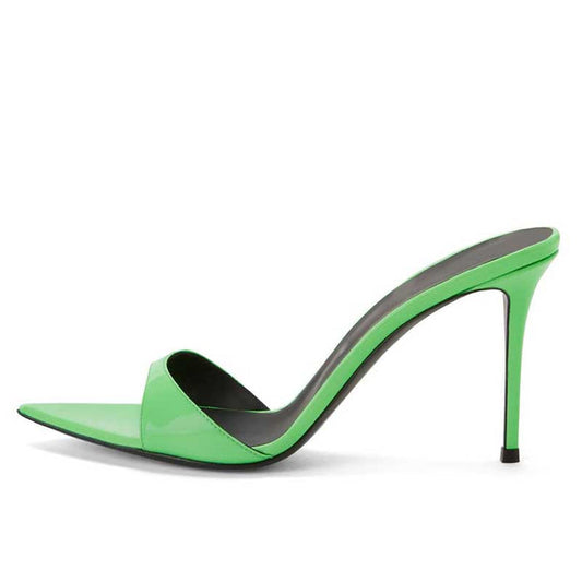 Womens High Heeled Mules Peep Toe Slip On Sandals