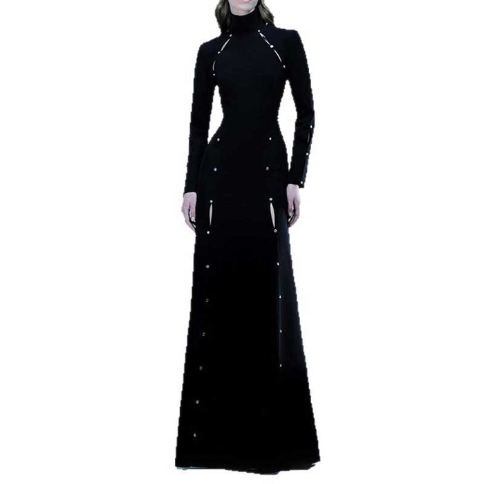 Women's High-Neck Maxi Dress Black Long Evening Dresses A-Line Prom Dress