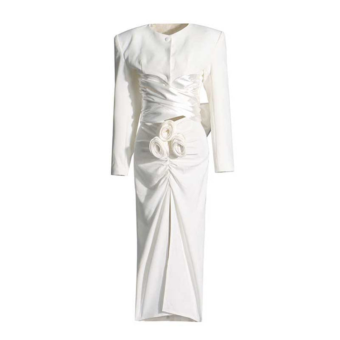 Women's High Split Skirt Suit Knee Length Wedding Suit With Bow Tie
