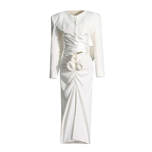 Women's High Split Skirt Suit Knee Length Wedding Suit With Bow Tie