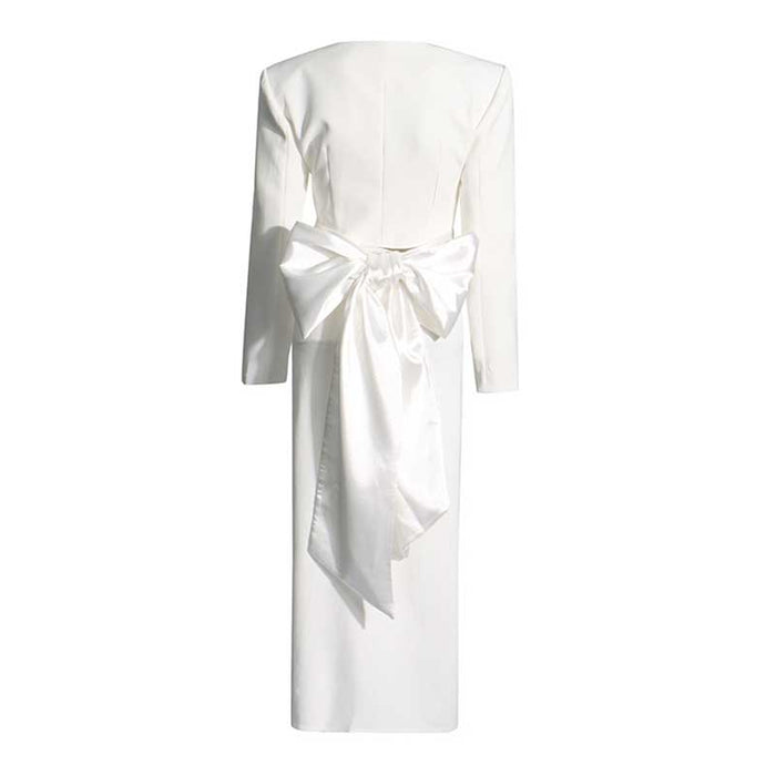 Women's High Split Skirt Suit Knee Length Wedding Suit With Bow Tie
