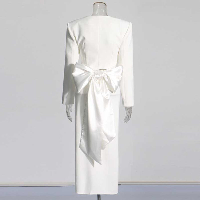 Women's High Split Skirt Suit Knee Length Wedding Suit With Bow Tie