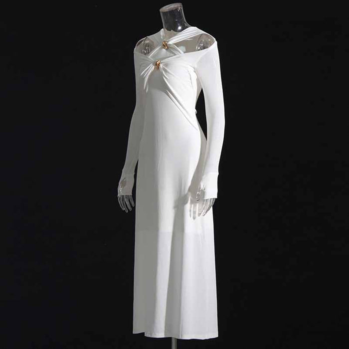 Womens Hollowed Out Twisted Slim Fit Long Sleeved Midi Dress