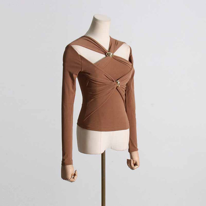 Womens Hollowed out twisted top slim fit long sleeved T-shirt top