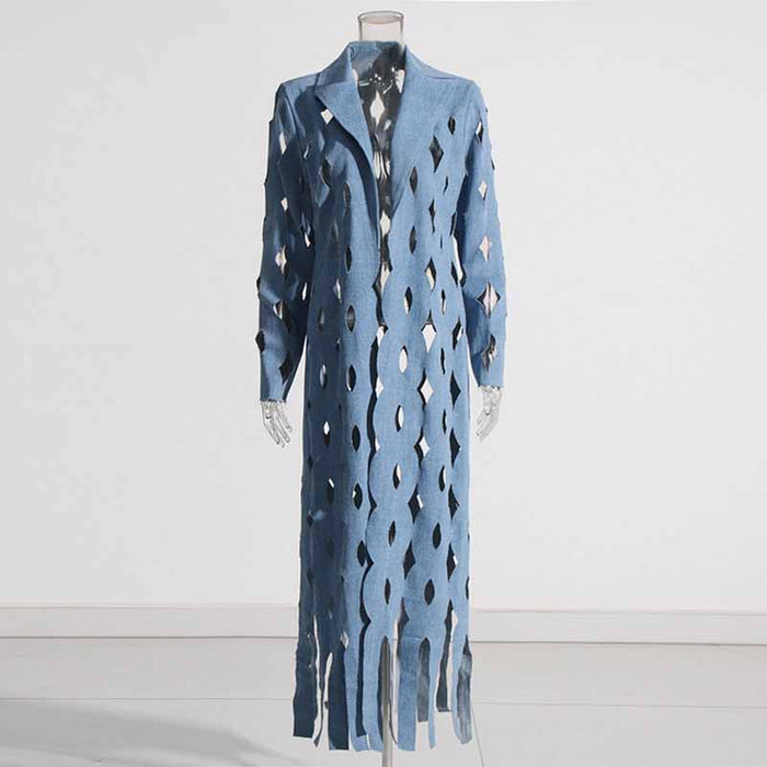 Women's Hollowed tassel long denim jacket fashion coat