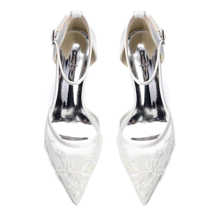 Women's Kitten Heel Closed-Back Lace Wedding Shoes For Bride
