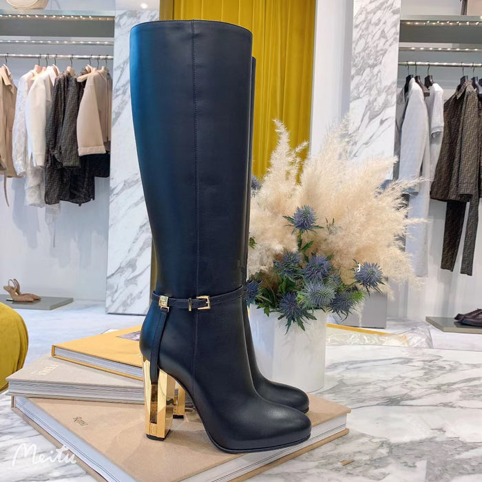 Women's Knee High Boots Chunky Gold Heel Ankle Strap Riding Boots