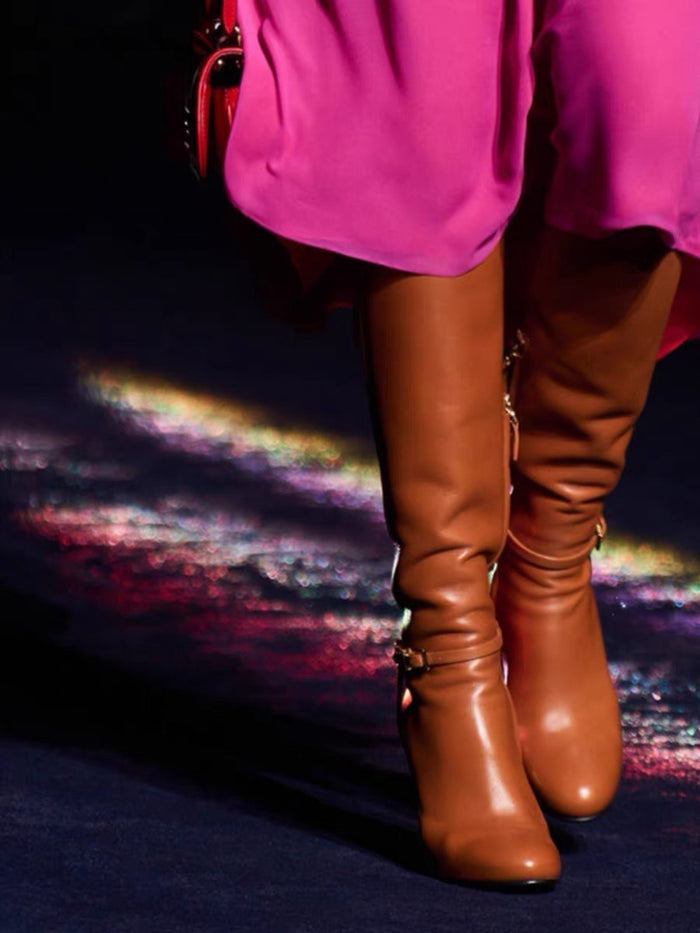 Women's Knee High Boots Chunky Gold Heel Ankle Strap Riding Boots