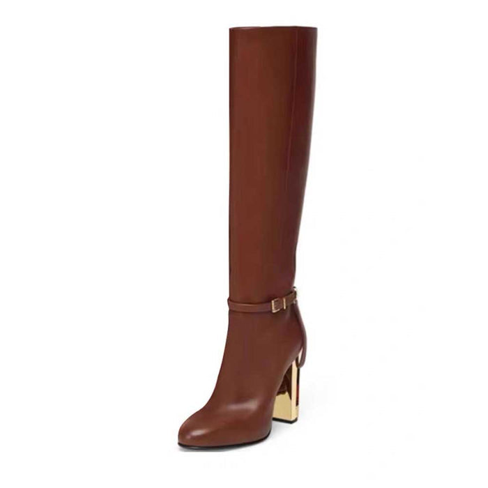 Women's Knee High Boots Chunky Gold Heel Ankle Strap Riding Boots