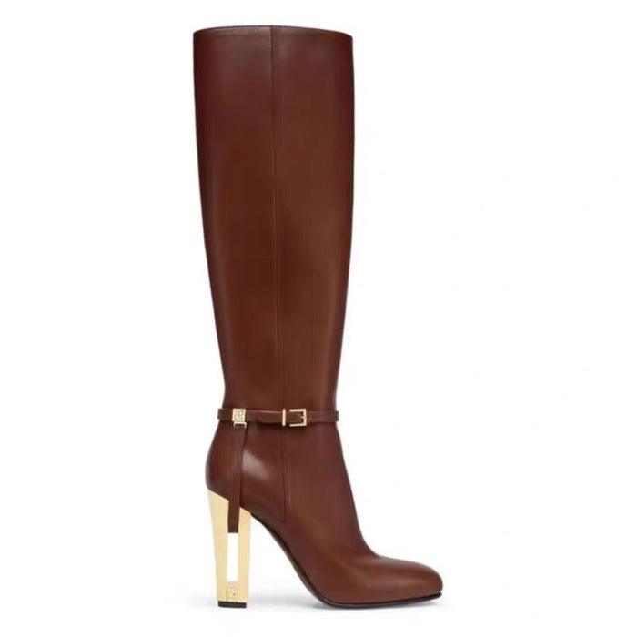 Women's Knee High Boots Chunky Gold Heel Ankle Strap Riding Boots