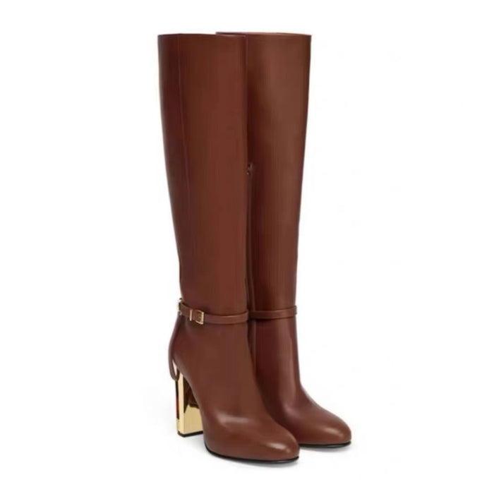 Women's Knee High Boots Chunky Gold Heel Ankle Strap Riding Boots