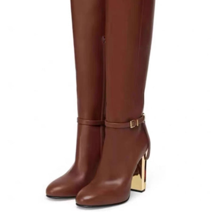 Women's Knee High Boots Chunky Gold Heel Ankle Strap Riding Boots