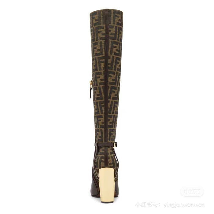 Women's Knee High Boots Chunky Gold Heel Ankle Strap Riding Boots