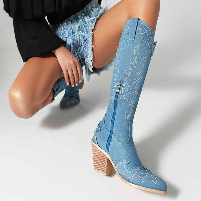 Blue women's knee high cowboy boots with flame designs and stylish block heels
