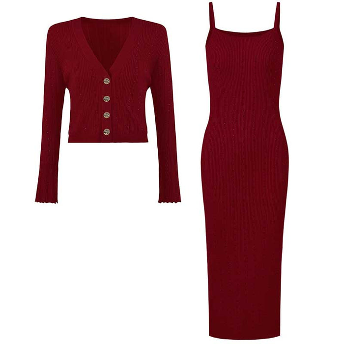 Women's knitted crop top and midi dress set in burgundy featuring a button-up cardigan and form-fitting dress