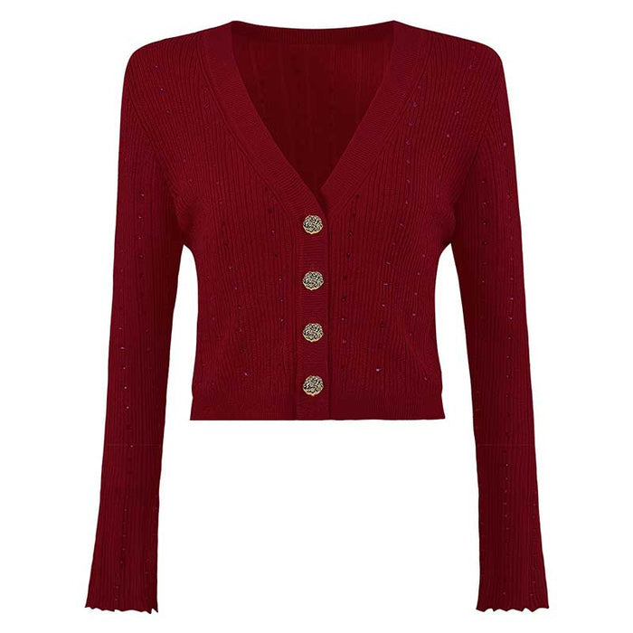 Women's knitted crop top and midi dress set featuring a stylish red cardigan with buttons