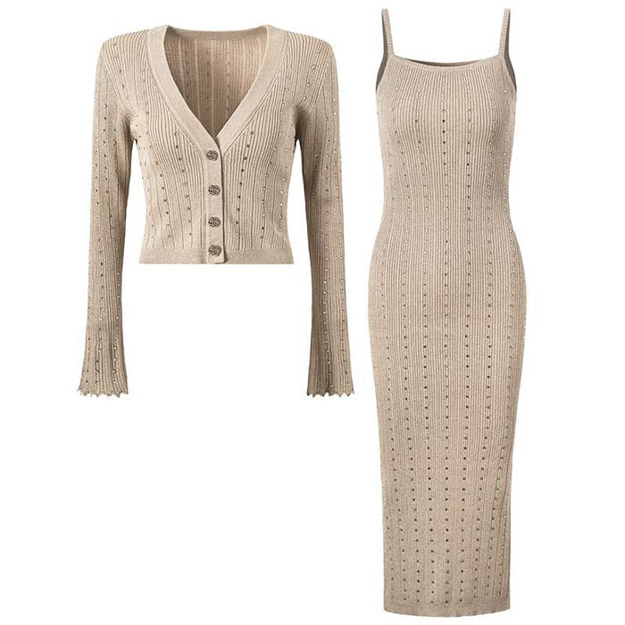 Women’s knitted crop top and midi dress set in beige with ribbed texture and stylish design elements