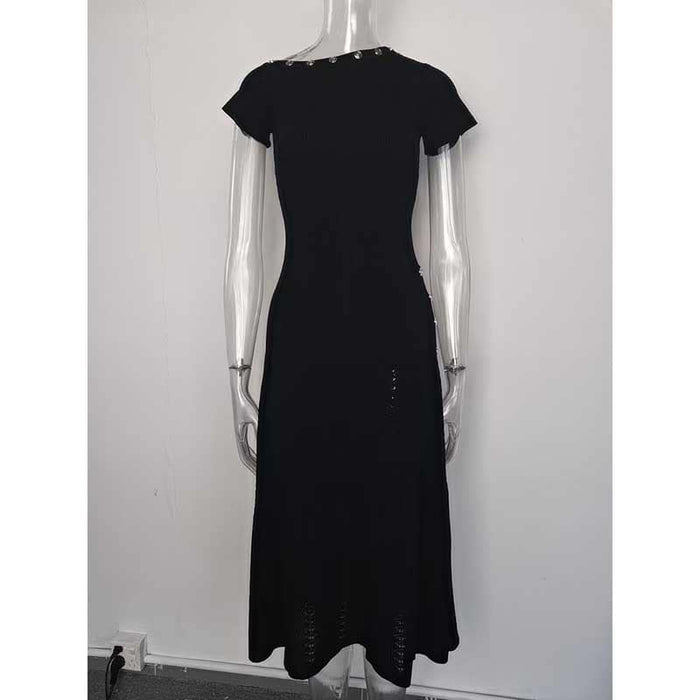 Women's Knitted Midi Dress Short Sleeves Asymmetric Neck Long Dress