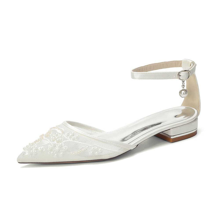 Women's Lace Bridal Shoes Pointed Toe Ankle Strap Flats Wedding Shoes