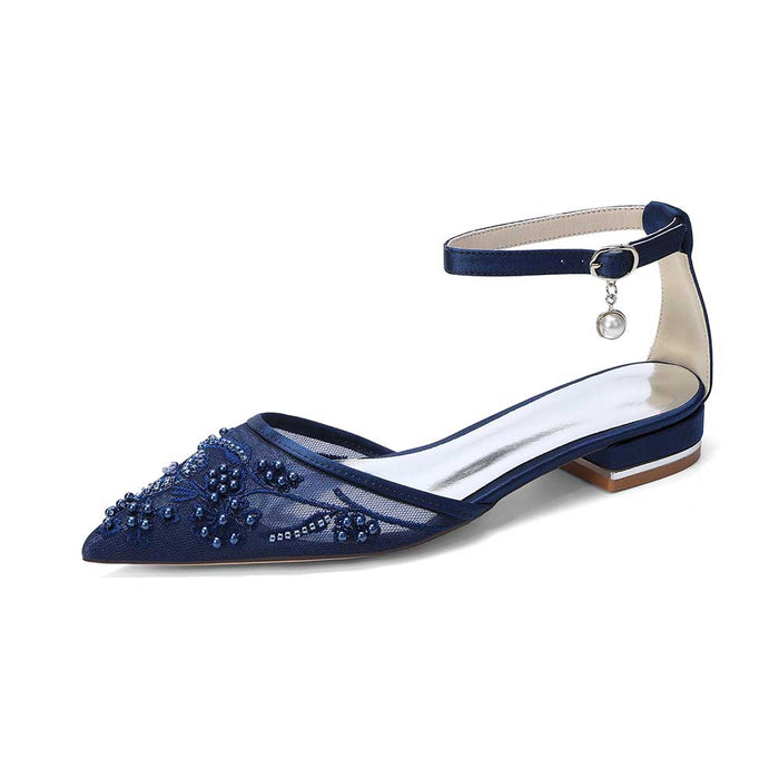 Women's Lace Bridal Shoes Pointed Toe Ankle Strap Flats Wedding Shoes