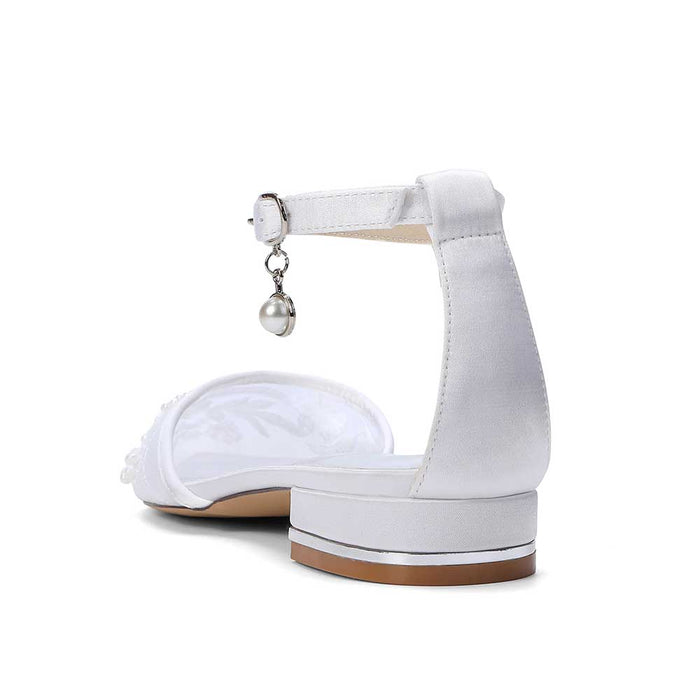 Women's Lace Bridal Shoes Pointed Toe Ankle Strap Flats Wedding Shoes