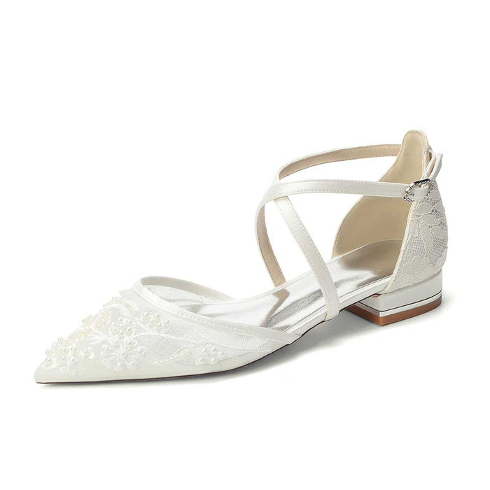 Women's Lace Bridal Shoes Pointed Toe Crossing Strap Flats Wedding Shoes