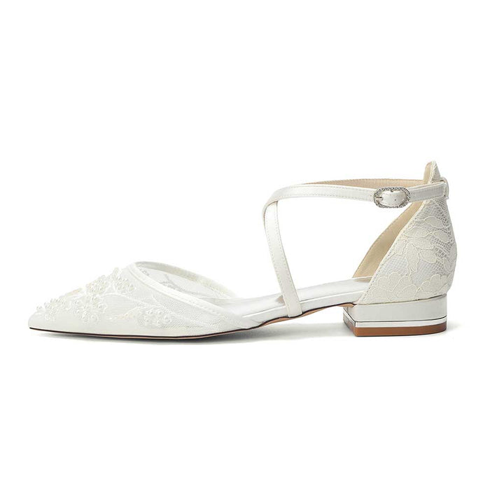 Women's Lace Bridal Shoes Pointed Toe Crossing Strap Flats Wedding Shoes