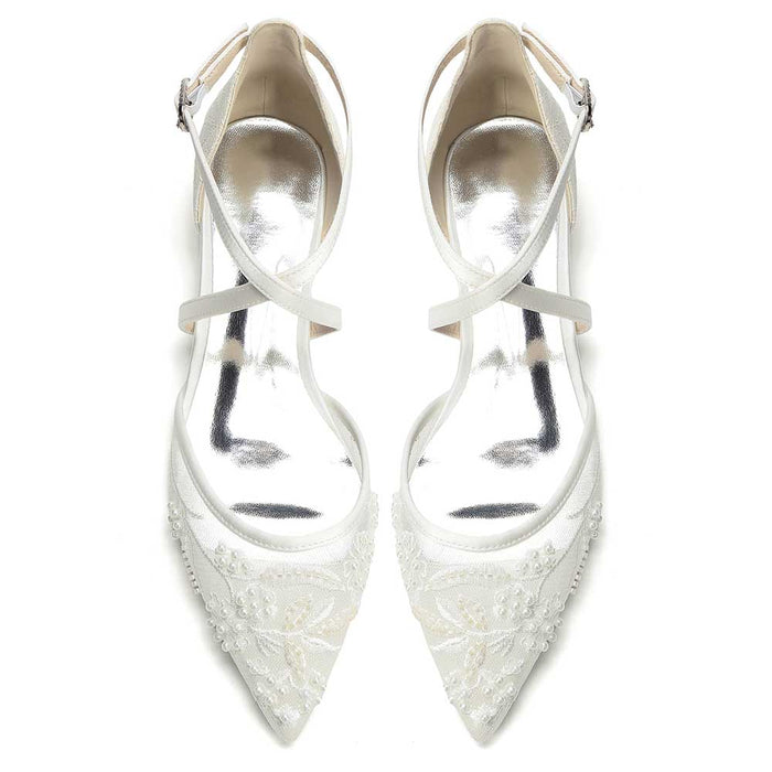 Women's Lace Bridal Shoes Pointed Toe Crossing Strap Flats Wedding Shoes