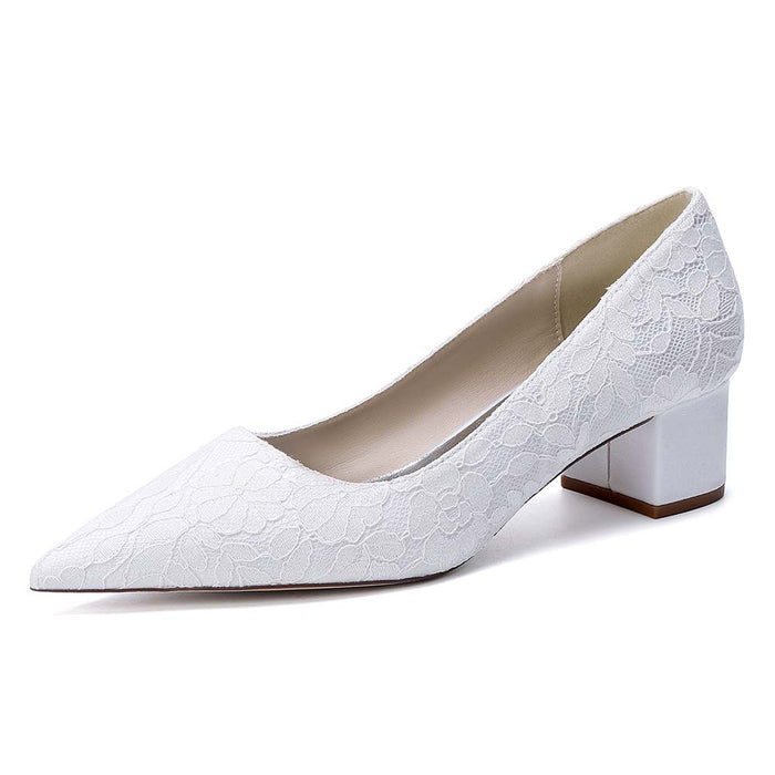 Women's Lace Pointed Toe Chunky Heel Shoes - Wedding Bridal & Formal Evening Pumps