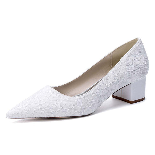 Women's Lace Pointed Toe Chunky Heel Shoes - Wedding Bridal & Formal Evening Pumps