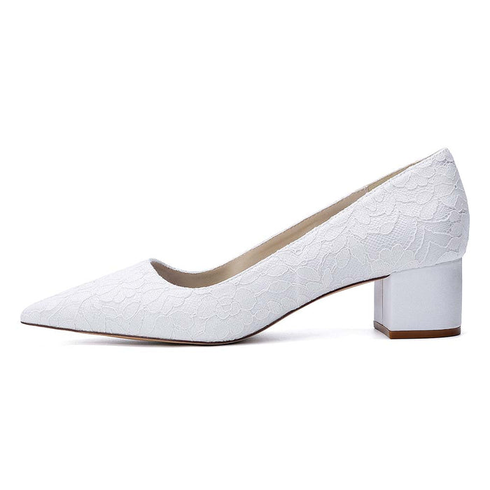 Women's Lace Pointed Toe Chunky Heel Shoes - Wedding Bridal & Formal Evening Pumps