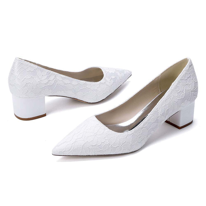 Women's Lace Pointed Toe Chunky Heel Shoes - Wedding Bridal & Formal Evening Pumps