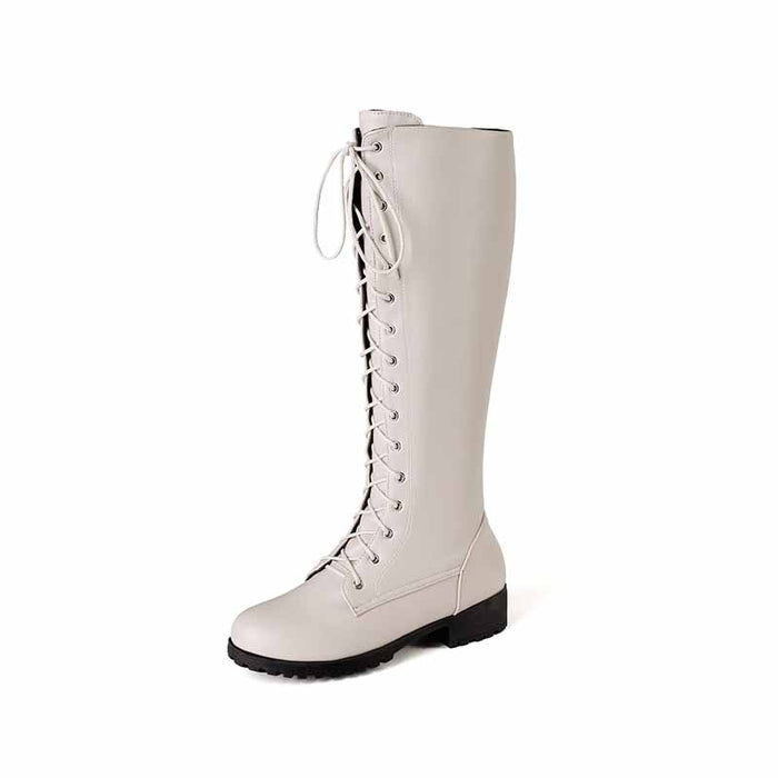 Women's lace up knee high boots plus size low heel boots