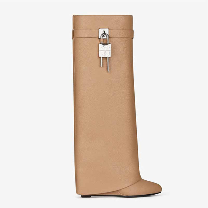 Women‘s Lock Detailed Leather Knee-High Boots