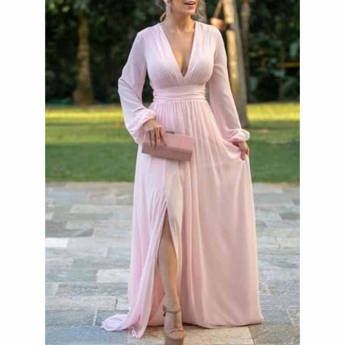 Women's Long Sleeve Bridesmaid Dresses Wedding A Line Chiffon Formal Wedding Evening Gown