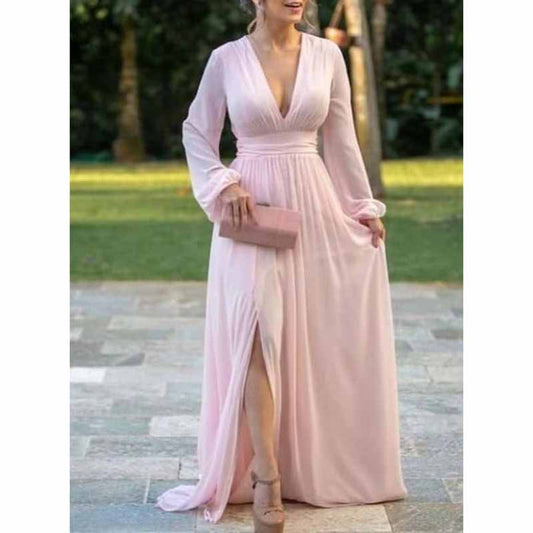 Women's Long Sleeve Bridesmaid Dresses Wedding A Line Chiffon Formal Wedding Evening Gown