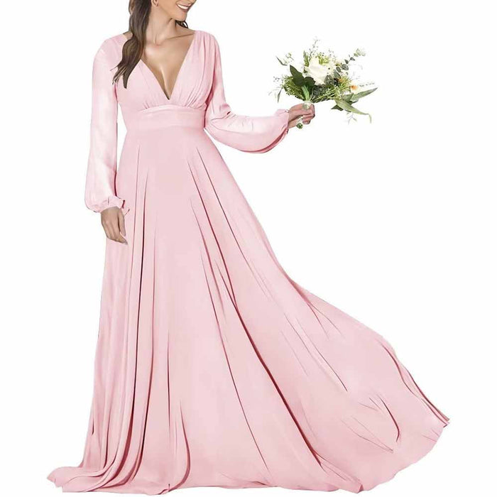 Women's Long Sleeve Bridesmaid Dresses Wedding A Line Chiffon Formal Wedding Evening Gown