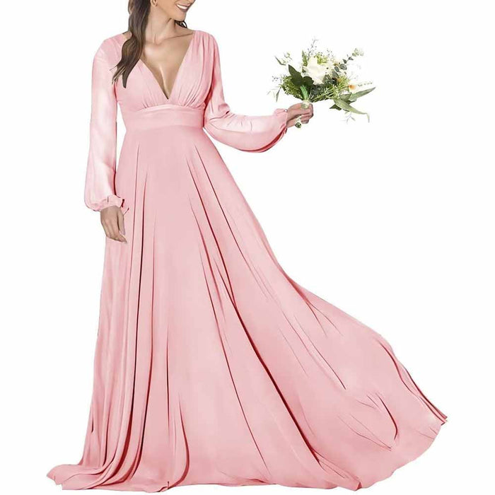 Women's Long Sleeve Bridesmaid Dresses Wedding A Line Chiffon Formal Wedding Evening Gown
