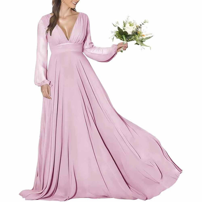 Women's Long Sleeve Bridesmaid Dresses Wedding A Line Chiffon Formal Wedding Evening Gown