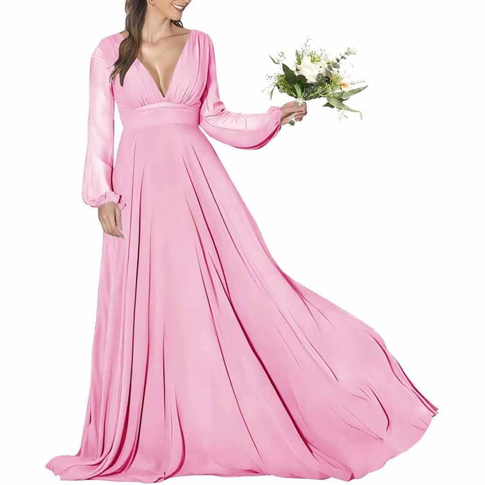 Women's Long Sleeve Bridesmaid Dresses Wedding A Line Chiffon Formal Wedding Evening Gown