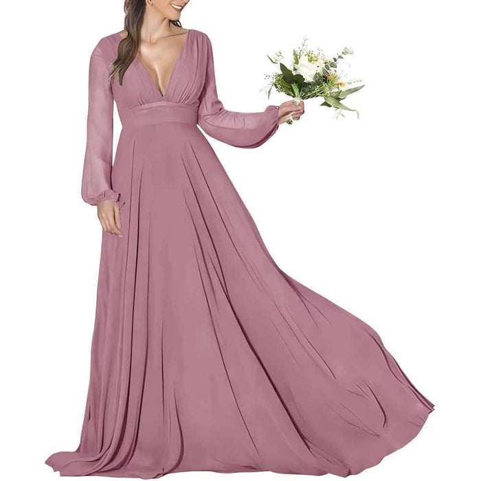 Women's Long Sleeve Bridesmaid Dresses Wedding A Line Chiffon Formal Wedding Evening Gown