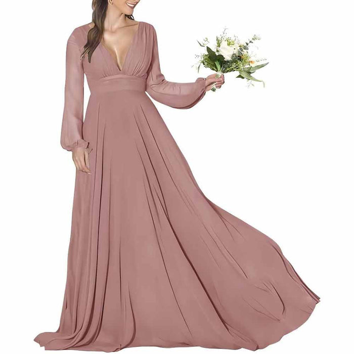 Women's Long Sleeve Bridesmaid Dresses Wedding A Line Chiffon Formal Wedding Evening Gown