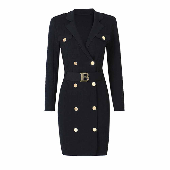 Women's long sleeve knitted minidress V-neck elegant dress with belt