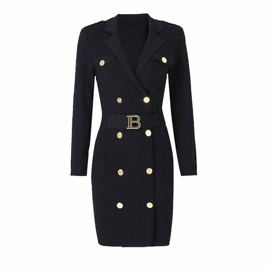 Women's long sleeve knitted minidress V-neck elegant dress with belt